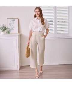 Lishang Damskie Spodnie Bawełniane Letnie Casual z Wysokim Stanem Beżowe XL