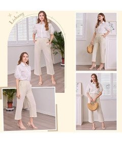 Lishang Damskie Spodnie Bawełniane Letnie Casual z Wysokim Stanem Beżowe XL