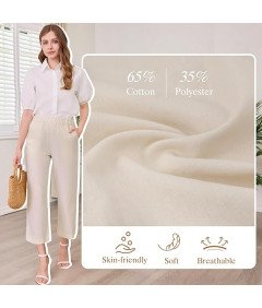 Lishang Damskie Spodnie Bawełniane Letnie Casual z Wysokim Stanem Beżowe XL