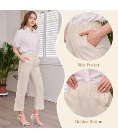 Lishang Damskie Spodnie Bawełniane Letnie Casual z Wysokim Stanem Beżowe XL