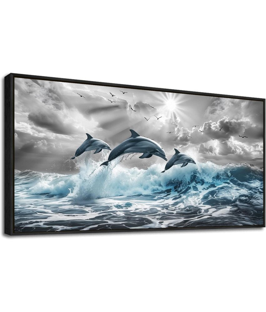 Obraz na Płótnie Czarna Rama Lite Drewno Dekoracja Ścienna Delfiny 50x100cm