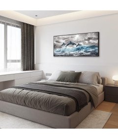 Obraz na Płótnie Czarna Rama Lite Drewno Dekoracja Ścienna Delfiny 50x100cm