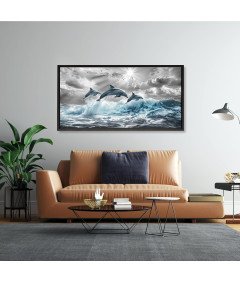 Obraz na Płótnie Czarna Rama Lite Drewno Dekoracja Ścienna Delfiny 50x100cm