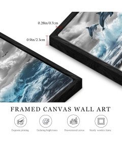 Obraz na Płótnie Czarna Rama Lite Drewno Dekoracja Ścienna Delfiny 50x100cm