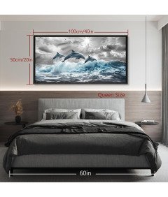 Obraz na Płótnie Czarna Rama Lite Drewno Dekoracja Ścienna Delfiny 50x100cm