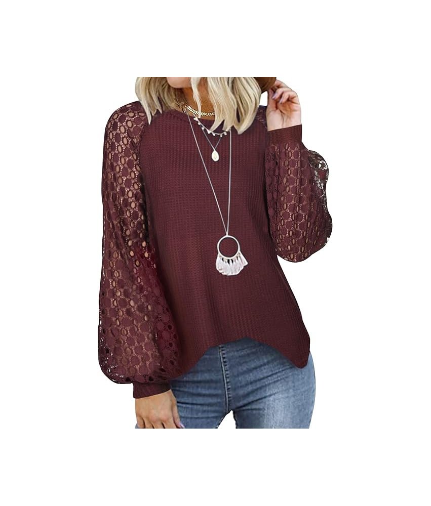 Tuopuda Sweter Damski Bluzka na Długi Rękaw Okrągły Dekolt Bordowa XXL