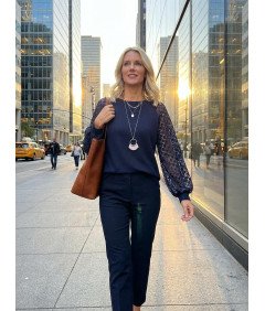 Tuopuda Sweter Damski Bluzka na Długi Rękaw Okrągły Dekolt Granatowa M