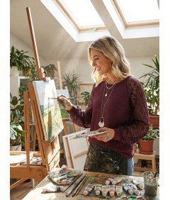 Tuopuda Sweter Damski Bluzka na Długi Rękaw Okrągły Dekolt Bordowa M