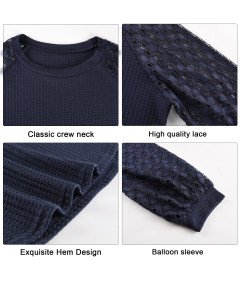 Tuopuda Sweter Damski Bluzka na Długi Rękaw Okrągły Dekolt Granatowa XL