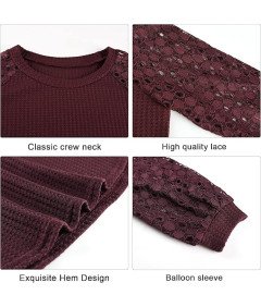 Tuopuda Sweter Damski Bluzka na Długi Rękaw Okrągły Dekolt Bordowa L