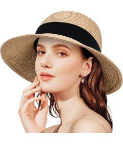 ANLUKE Damski Kapelusz Słomkowy Przeciwsłoneczny Plażowy Ochrona UV Beżowy
