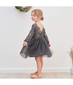 Ugitopi Sukienka dla Dziewczynek Tiulowa z Koronką Wizytowa Szara 90 cm