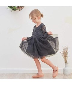 Ugitopi Sukienka dla Dziewczynek Tiulowa z Koronką Wizytowa Szara 90 cm