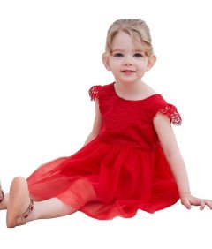 Ugitopi Sukienka dla Dziewczynek Tiulowa z Koronką Wizytowa Czerwona 100 cm