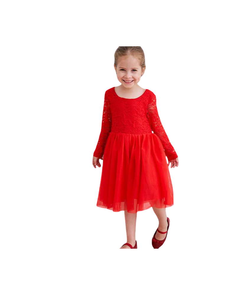 Ugitopi Sukienka dla Dziewczynek Tiulowa z Koronką Wizytowa Czerwona 100 cm