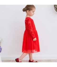 Ugitopi Sukienka dla Dziewczynek Tiulowa z Koronką Wizytowa Czerwona 100 cm