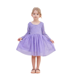 Ugitopi Sukienka dla Dziewczynek Tiulowa z Koronką Wizytowa Fioletowa 100cm