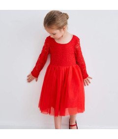 Ugitopi Sukienka dla Dziewczynek Tiulowa z Koronką Wizytowa Czerwona 90 cm