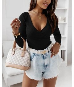 Fisoew Damski Sweter z Głębokim Dekoltem w Serek Czarny M