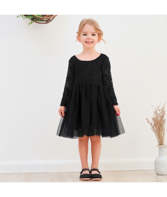 Ugitopi Sukienka dla Dziewczynek Tiulowa z Koronką Wizytowa Czarna 100 cm