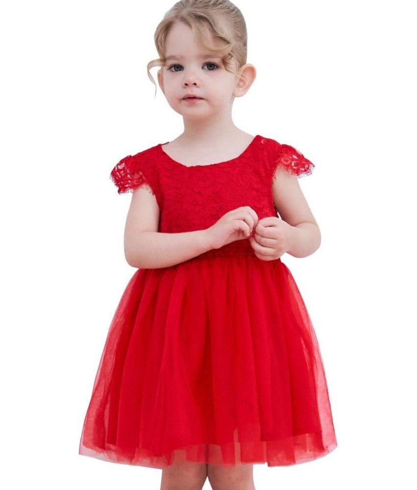 Ugitopi Sukienka dla Dziewczynek Tiulowa z Koronką Wizytowa Czerwona 120 cm