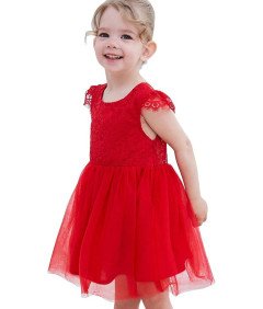 Ugitopi Sukienka dla Dziewczynek Tiulowa z Koronką Wizytowa Czerwona 120 cm