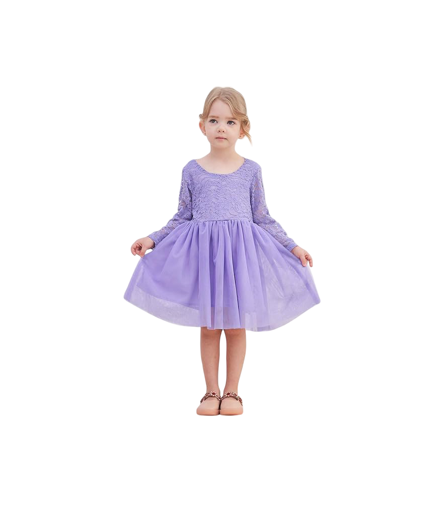 Ugitopi Sukienka dla Dziewczynek Tiulowa z Koronką Wizytowa Fioletowa 140cm
