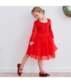 Ugitopi Sukienka dla Dziewczynek Tiulowa z Koronką Wizytowa Czerwona 110 cm