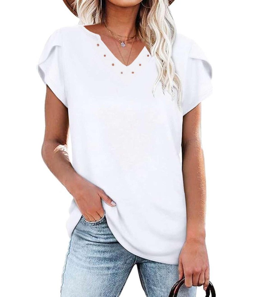 Bluzka Damska Oddychająca V-Neck Krótki Rękaw T-Shirt Casual Biała XL