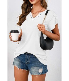Elegancka Bluzka Damska V-Neck Krótki Rękaw T-Shirt Casual Biała L