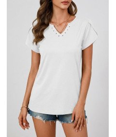 Elegancka Bluzka Damska V-Neck Krótki Rękaw T-Shirt Casual Biała M