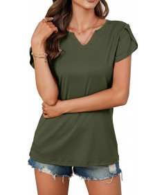 Elegancka Bluzka Damska V-Neck Krótki Rękaw Casual Zielona M