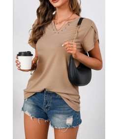 Elegancka Bluzka Damska oddychająca V-Neck Krótki Rękaw Casual Brązowa XL