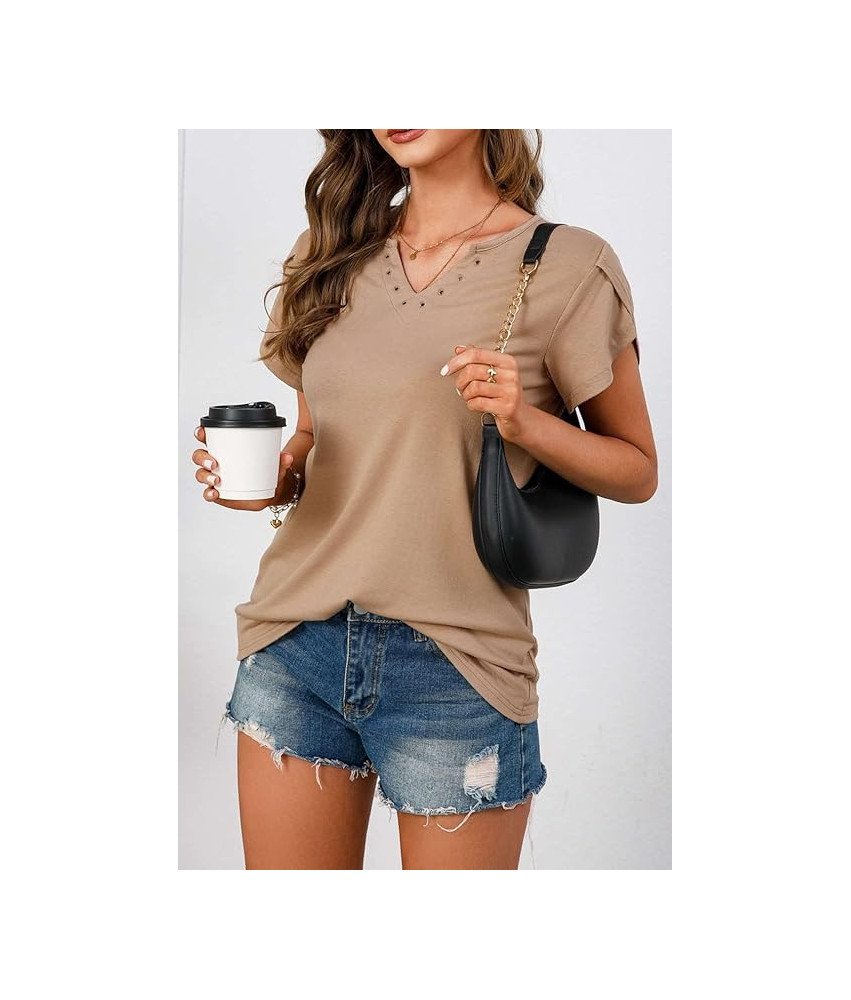 Elegancka Bluzka Damska oddychająca V-Neck Krótki Rękaw Casual Brązowa XL