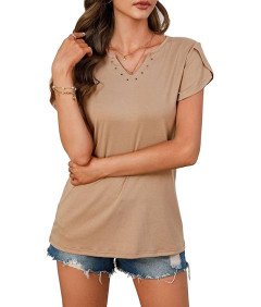 Elegancka Bluzka Damska oddychająca V-Neck Krótki Rękaw Casual Brązowa XL