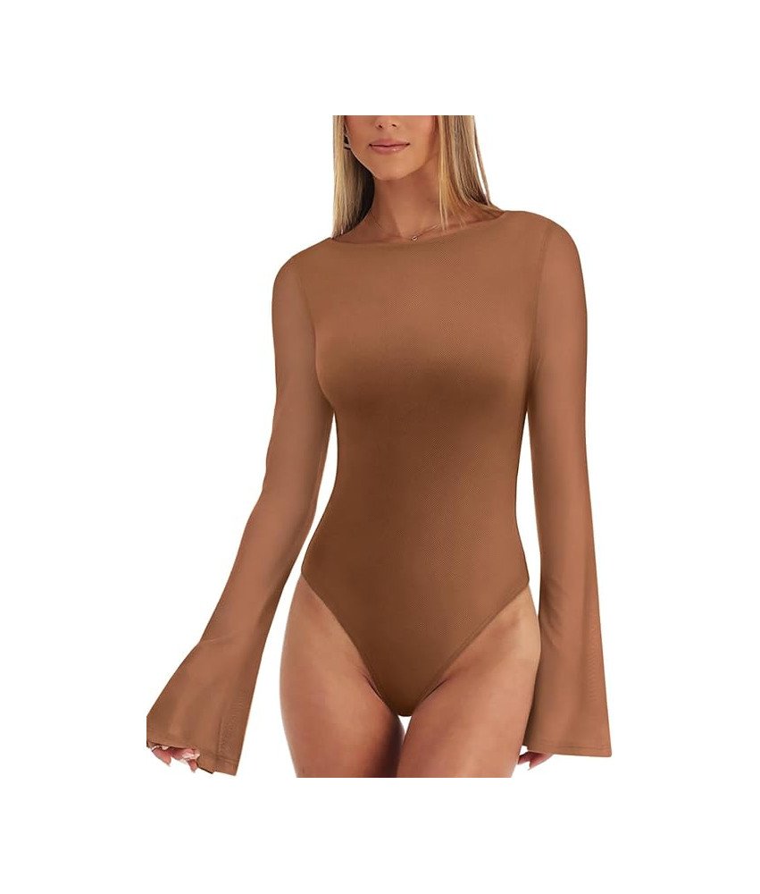 REORIA Damskie Body Wyjściowe Dzwonkowy Rękaw Eleganckie Vintage Brązowe M