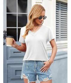 Amoretu Damska Bluzka T-shirt Koszulka z Dekoltem w Serek Luźna Biała M