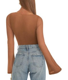 REORIA Damskie Body Wyjściowe Dzwonkowy Rękaw Elegancki Vintage Brązowe XXL