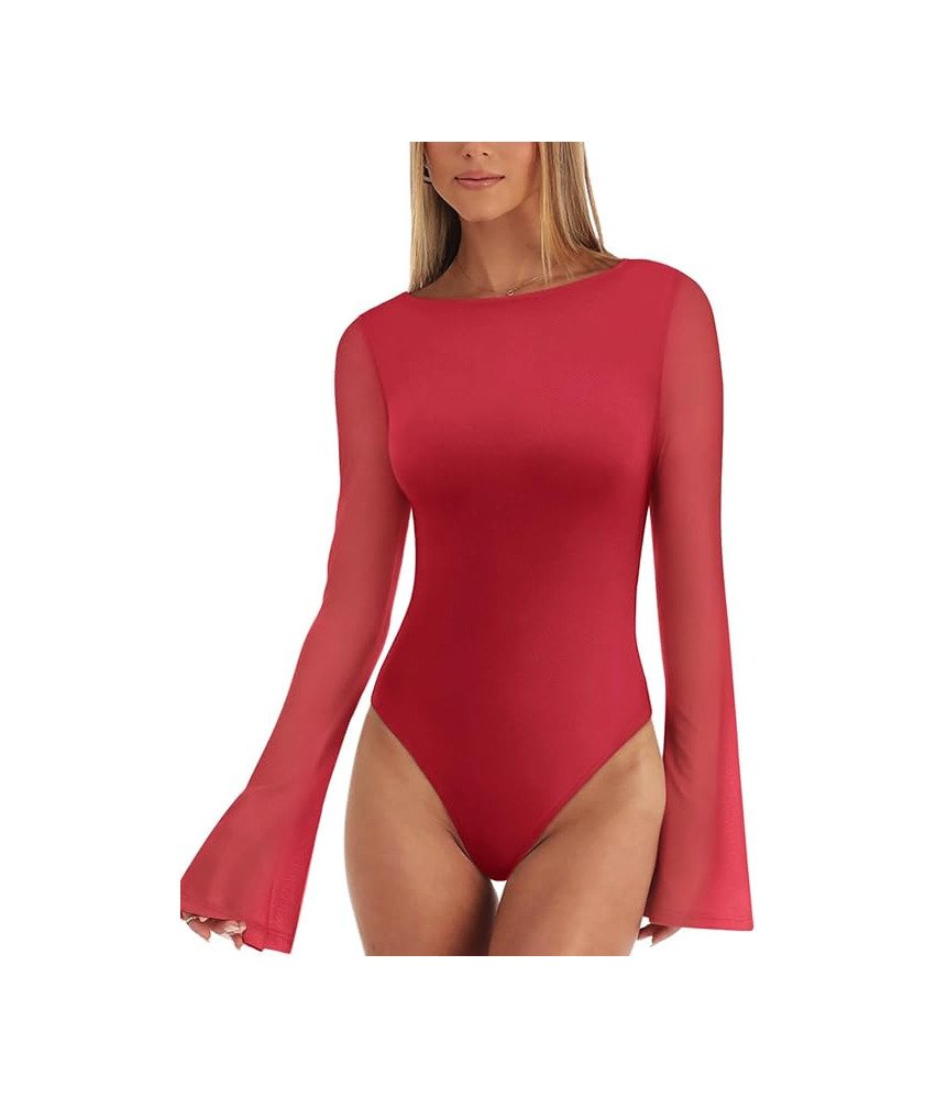 REORIA Damskie Body Wyjściowe Dzwonkowy Rękaw Elegancki Vintage Czerwone L