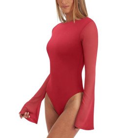 REORIA Damskie Body Wyjściowe Dzwonkowy Rękaw Elegancki Vintage Czerwone L