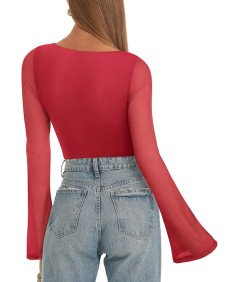 REORIA Damskie Body Wyjściowe Dzwonkowy Rękaw Elegancki Vintage Czerwone L