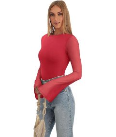 REORIA Damskie Body Wyjściowe Dzwonkowy Rękaw Elegancki Vintage Czerwone L