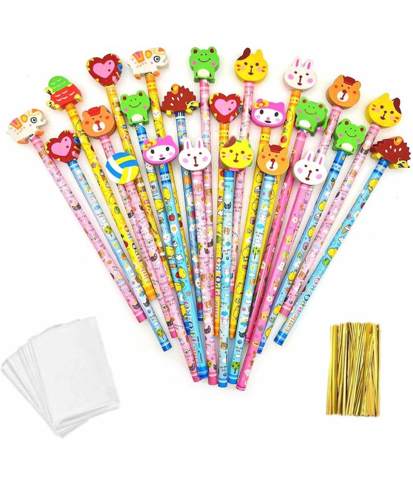 Ołówki Grafitowe Drewniane z Gumką w Kształcie Zwierząt Zestaw 24 Sztuki