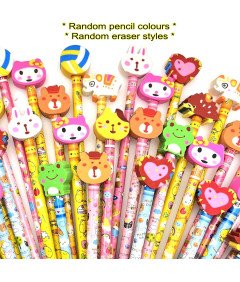 Ołówki Grafitowe Drewniane z Gumką w Kształcie Zwierząt Zestaw 24 Sztuki