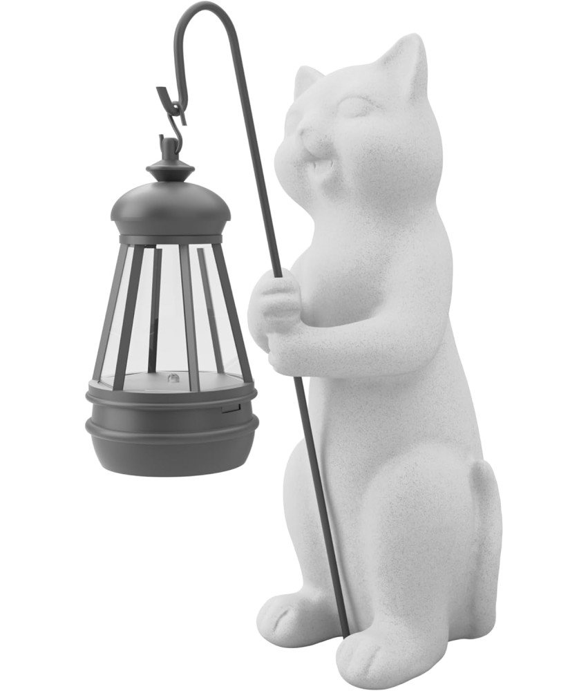 Figurka Kota z Latarnią Solarną Dekoracja Ogrodowa Żywica Biała 25 cm