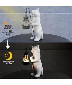Figurka Kota z Latarnią Solarną Dekoracja Ogrodowa Żywica Biała 25 cm