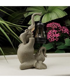 Figurka Żywiczna Ogrodowa z Lampą Solarną Rzeźba Zewnętrzna Słoń Beżowy