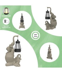 Figurka Żywiczna Ogrodowa z Lampą Solarną Rzeźba Zewnętrzna Słoń Beżowy