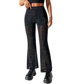 GORGLITTER Damskie Spodnie Imprezowe Błyszczące Przezroczyste Czarne M