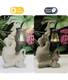 Figurka Żywiczna Ogrodowa z Lampą Solarną Rzeźba Zewnętrzna Słoń Beżowy